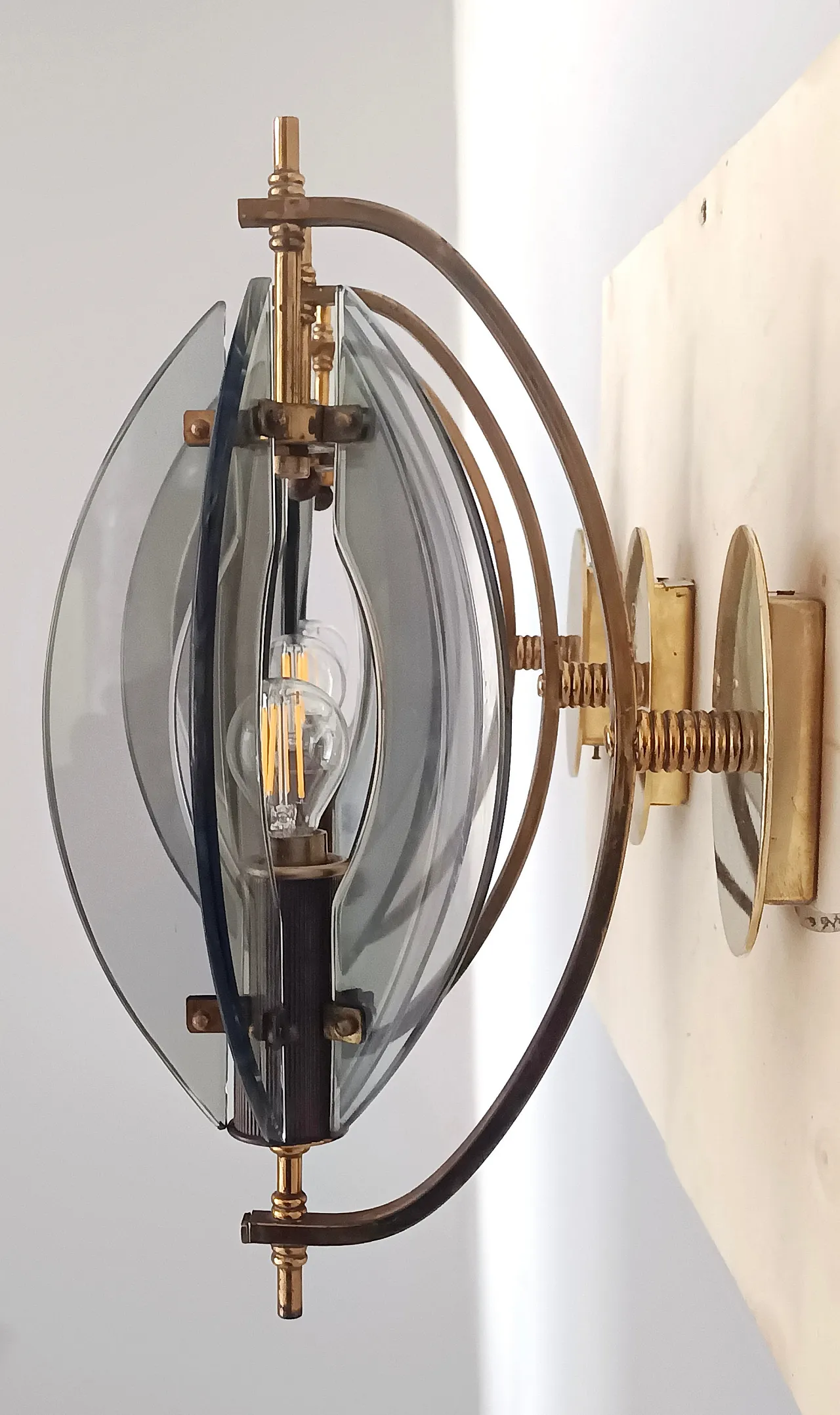 Smoked Glass and Brass Applique / Wall Light by Gino Paroldo 1