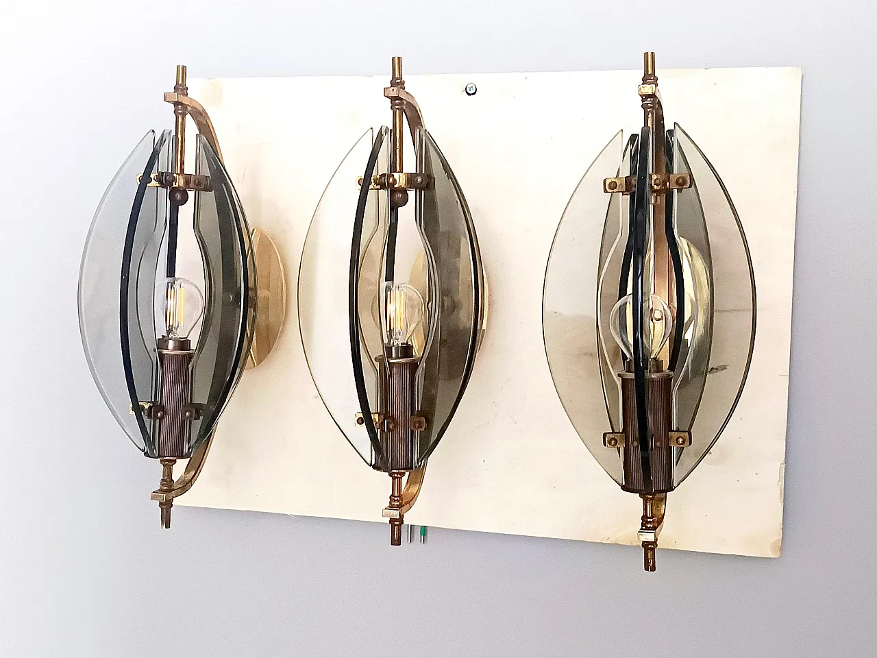 Smoked Glass and Brass Applique / Wall Light by Gino Paroldo 2