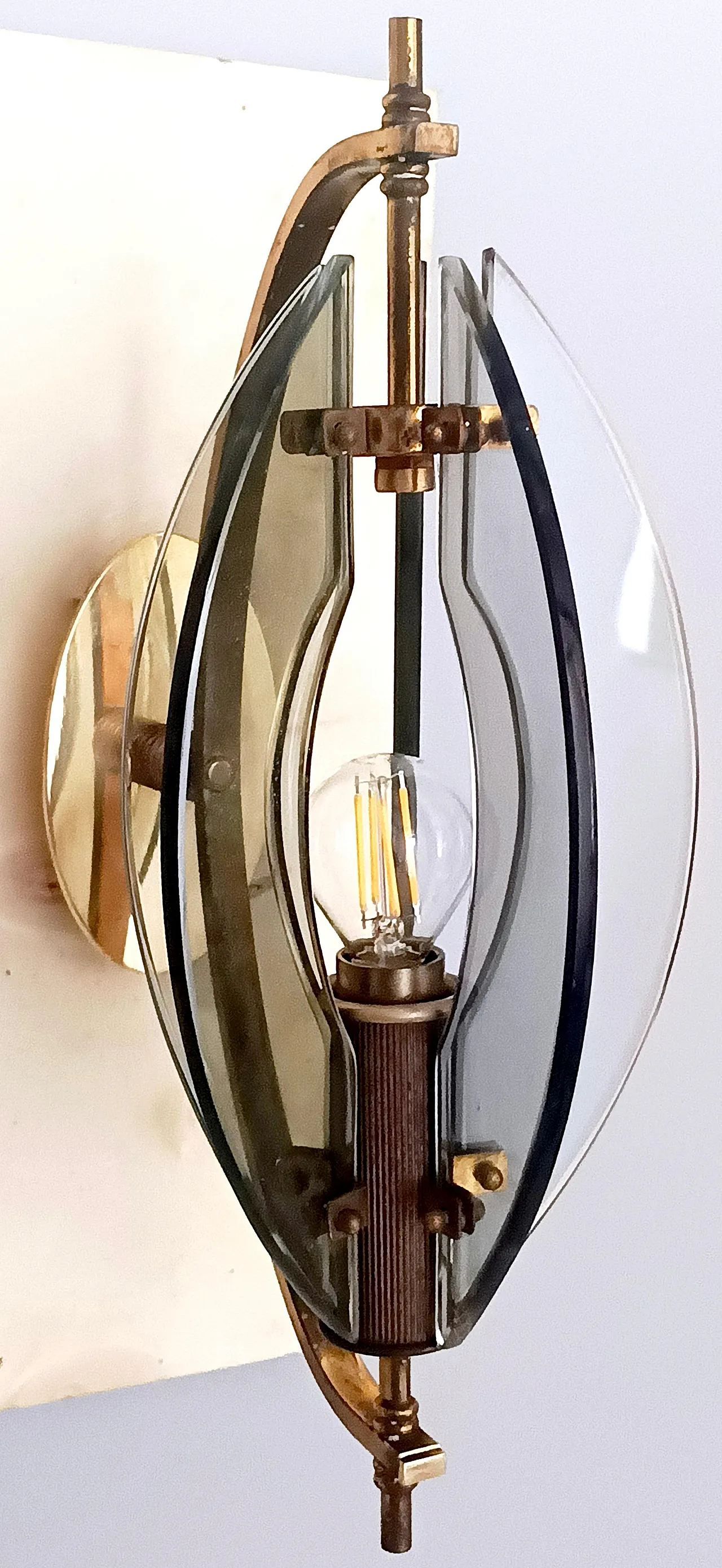 Smoked Glass and Brass Applique / Wall Light by Gino Paroldo 5