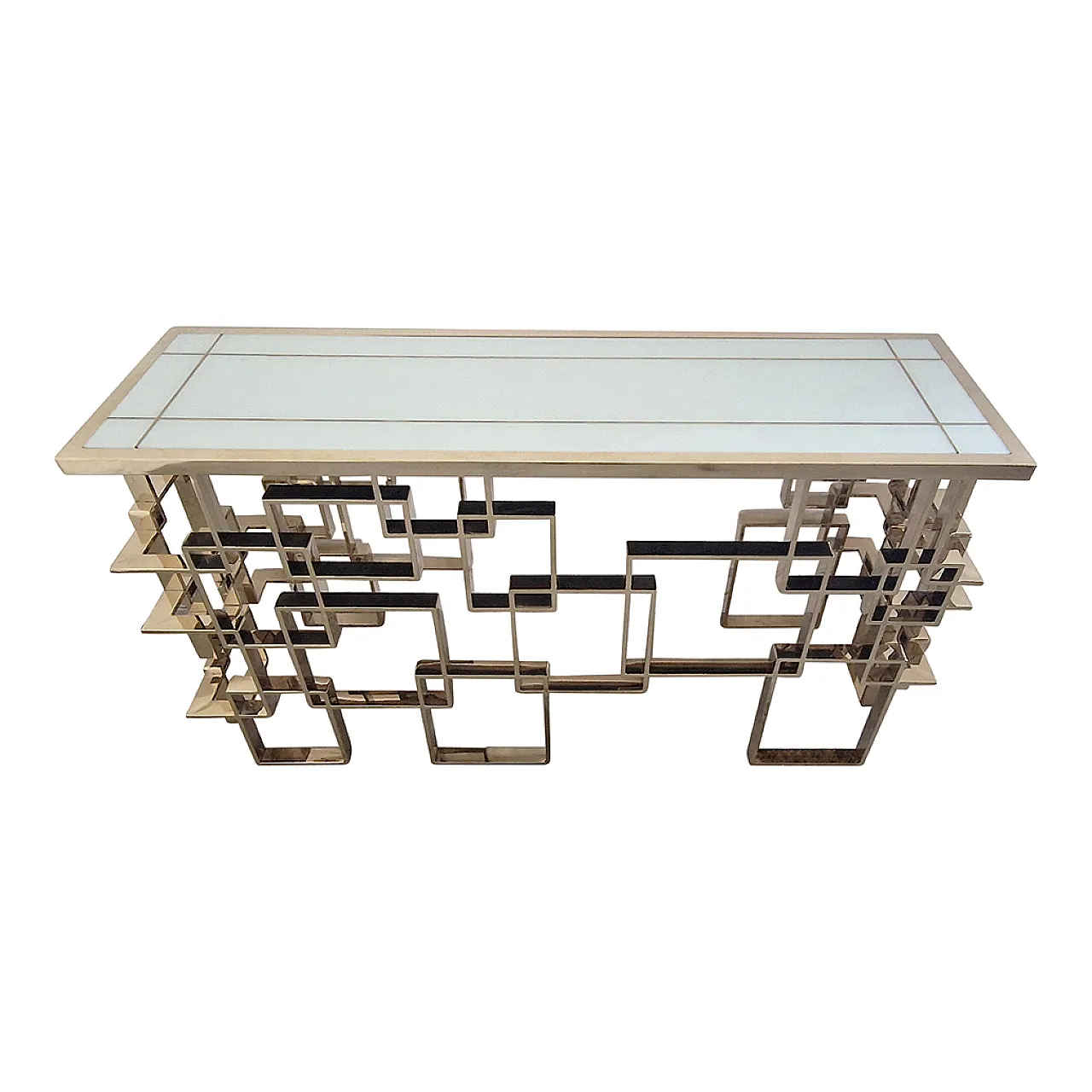 Bifacceral console in chromium-gold steel and Murano Bia glass top 1