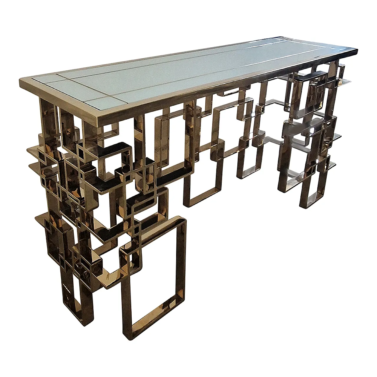 Bifacceral console in chromium-gold steel and Murano Bia glass top 5