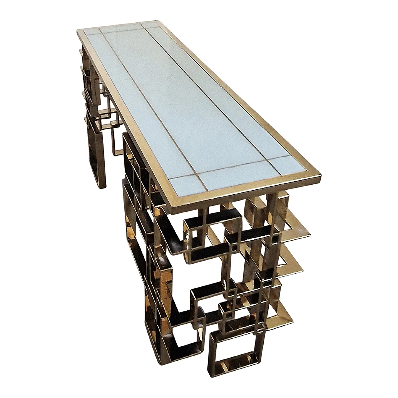 Bifacceral console in chromium-gold steel and Murano Bia glass top 8