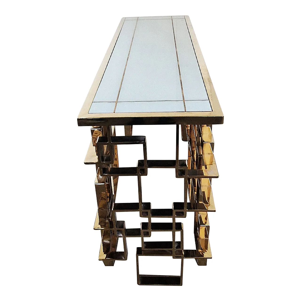 Bifacceral console in chromium-gold steel and Murano Bia glass top 10