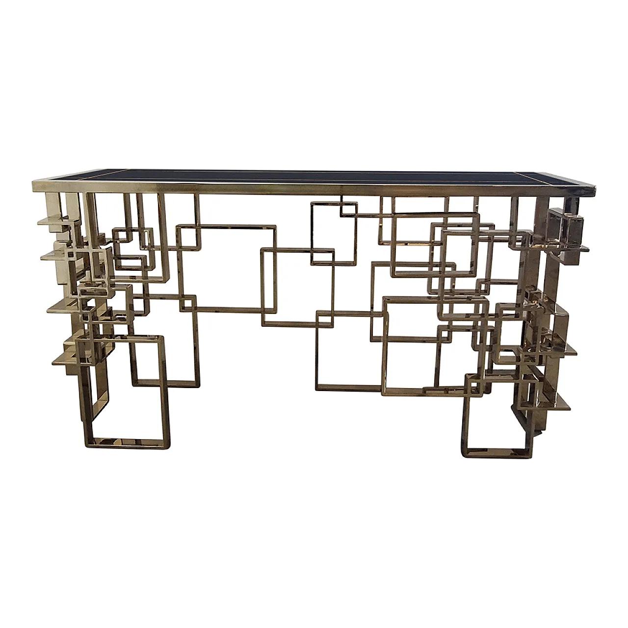 Bifacceral console in chromium-gold steel and Murano glass top, 90s 1