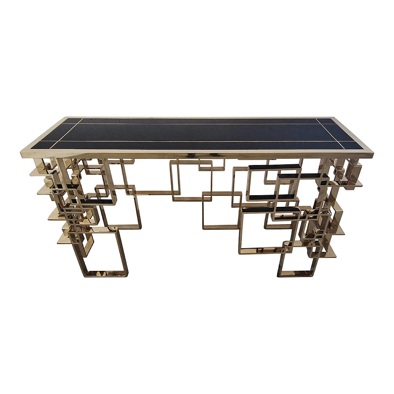 Bifacceral console in chromium-gold steel and Murano glass top, 90s 2