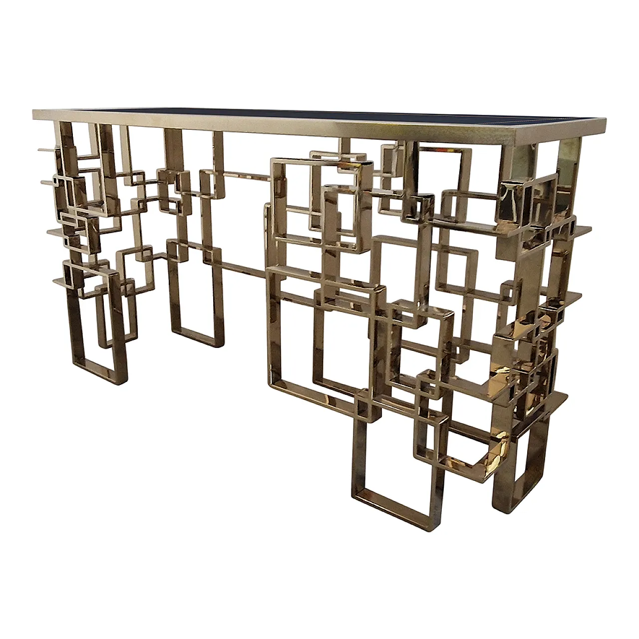 Bifacceral console in chromium-gold steel and Murano glass top, 90s 4