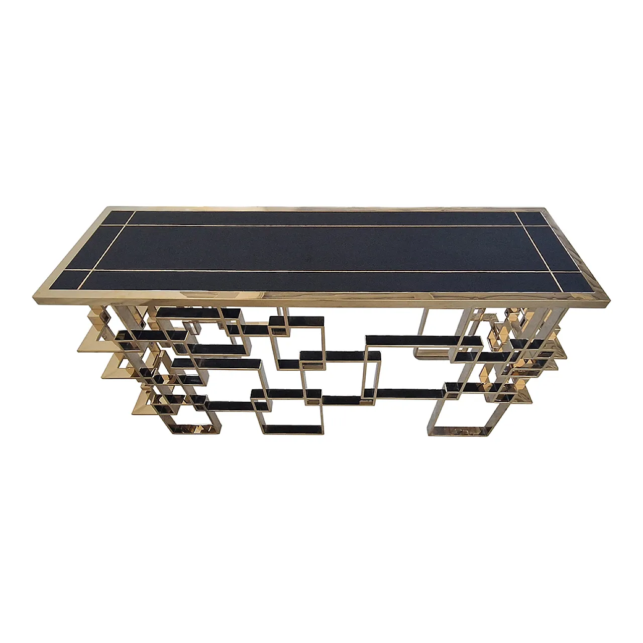 Bifacceral console in chromium-gold steel and Murano glass top, 90s 7