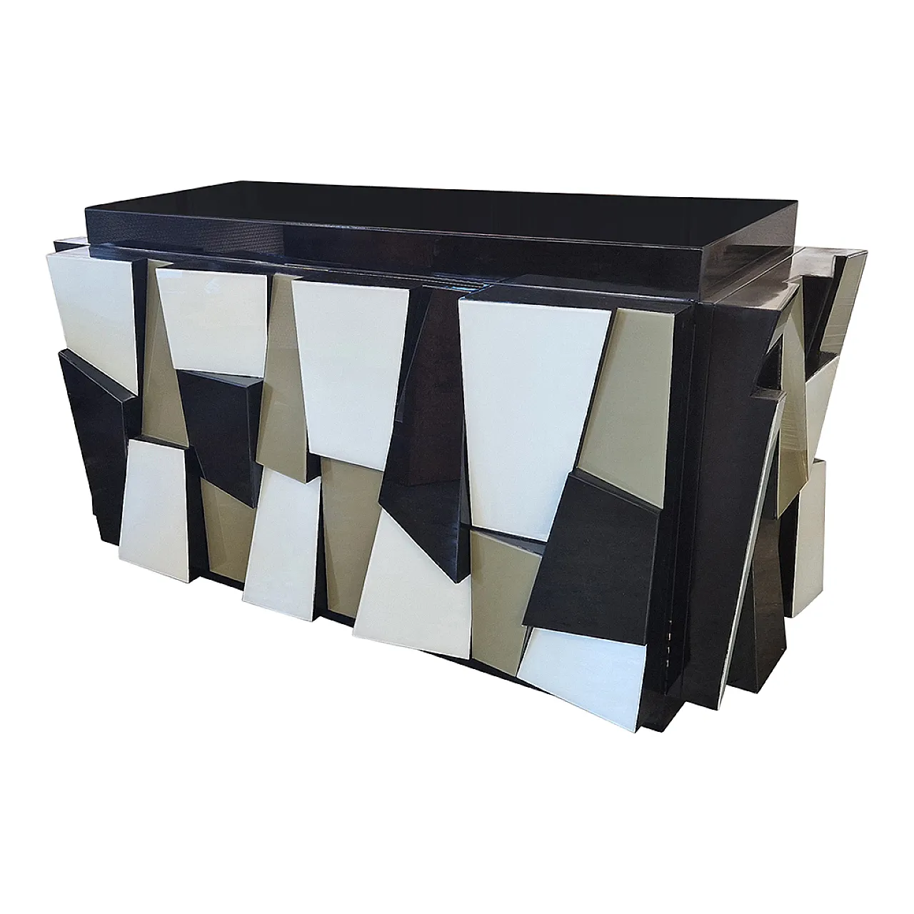 Two door sideboard in black lacquered wood and glass doors, 90s 3