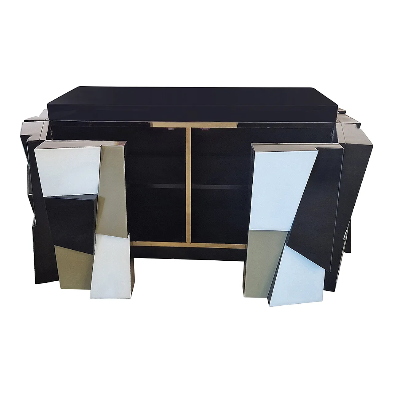 Two door sideboard in black lacquered wood and glass doors, 90s 6