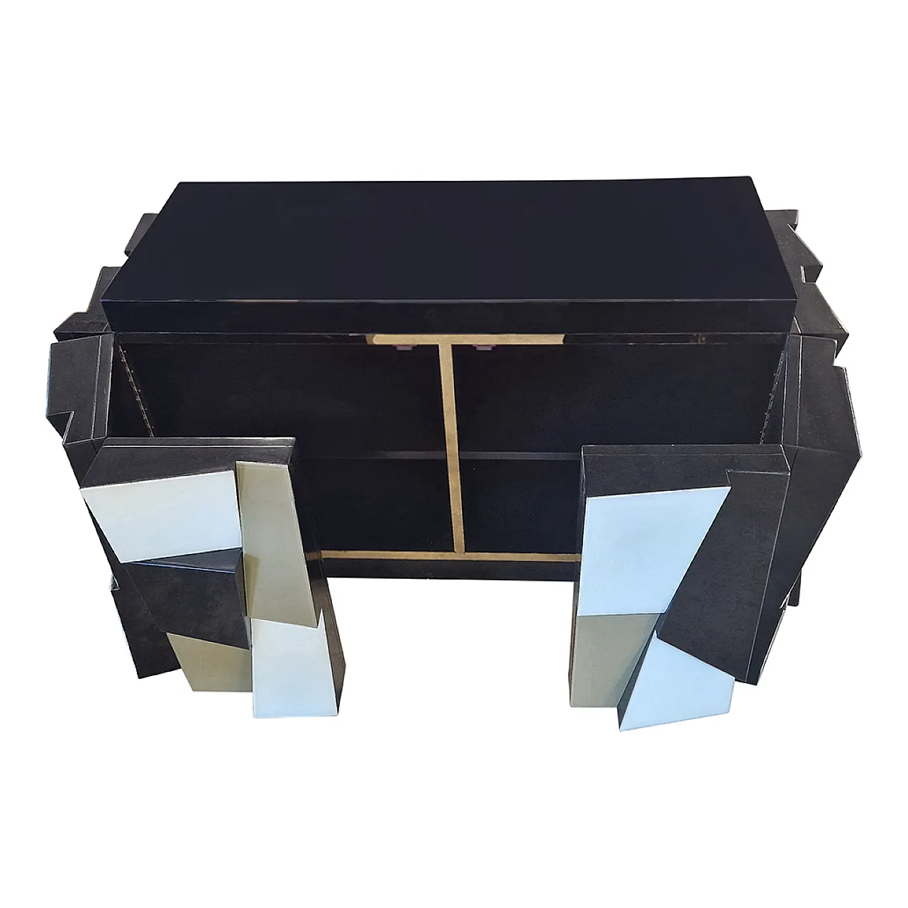 Two door sideboard in black lacquered wood and glass doors, 90s 7