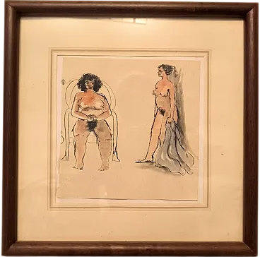 Two female nudes. Watercolor with erotic 1950s. Italy