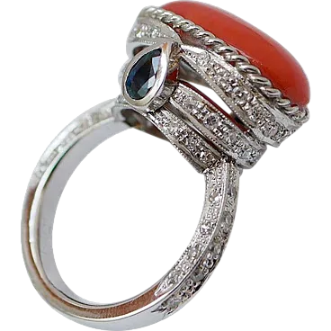 Platinum ring with coral, sapphires, diamonds, 1950s