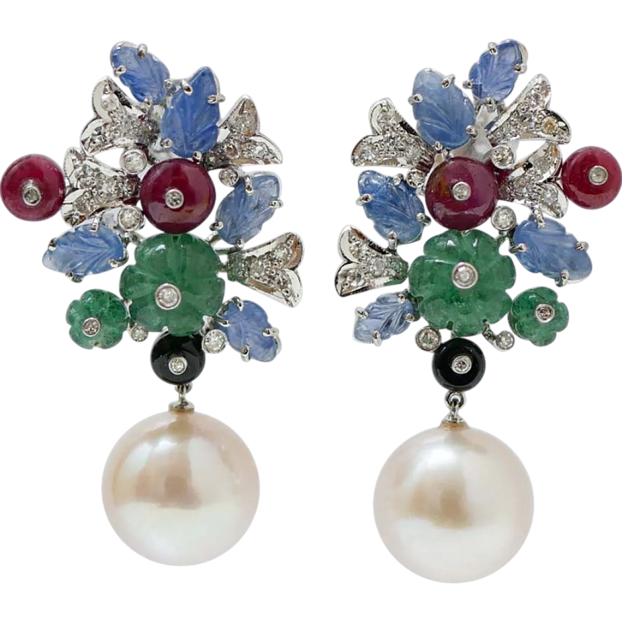 Platinum earrings with pearls, stones and diamonds, 1970s 7