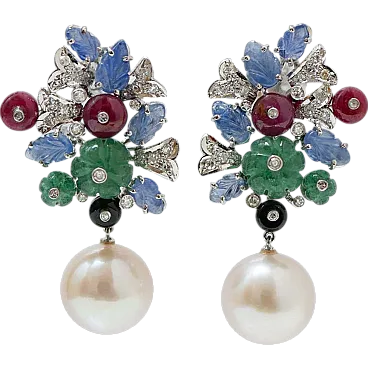 Platinum earrings with pearls, stones and diamonds, 1970s