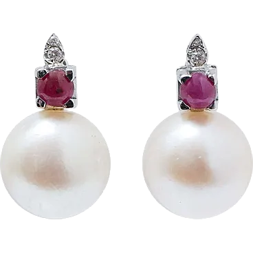 Earrings with white pearls, rubies, diamonds, white gold, 2000s