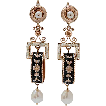 Earrings with pearls, enamel, pink gold, 1960s