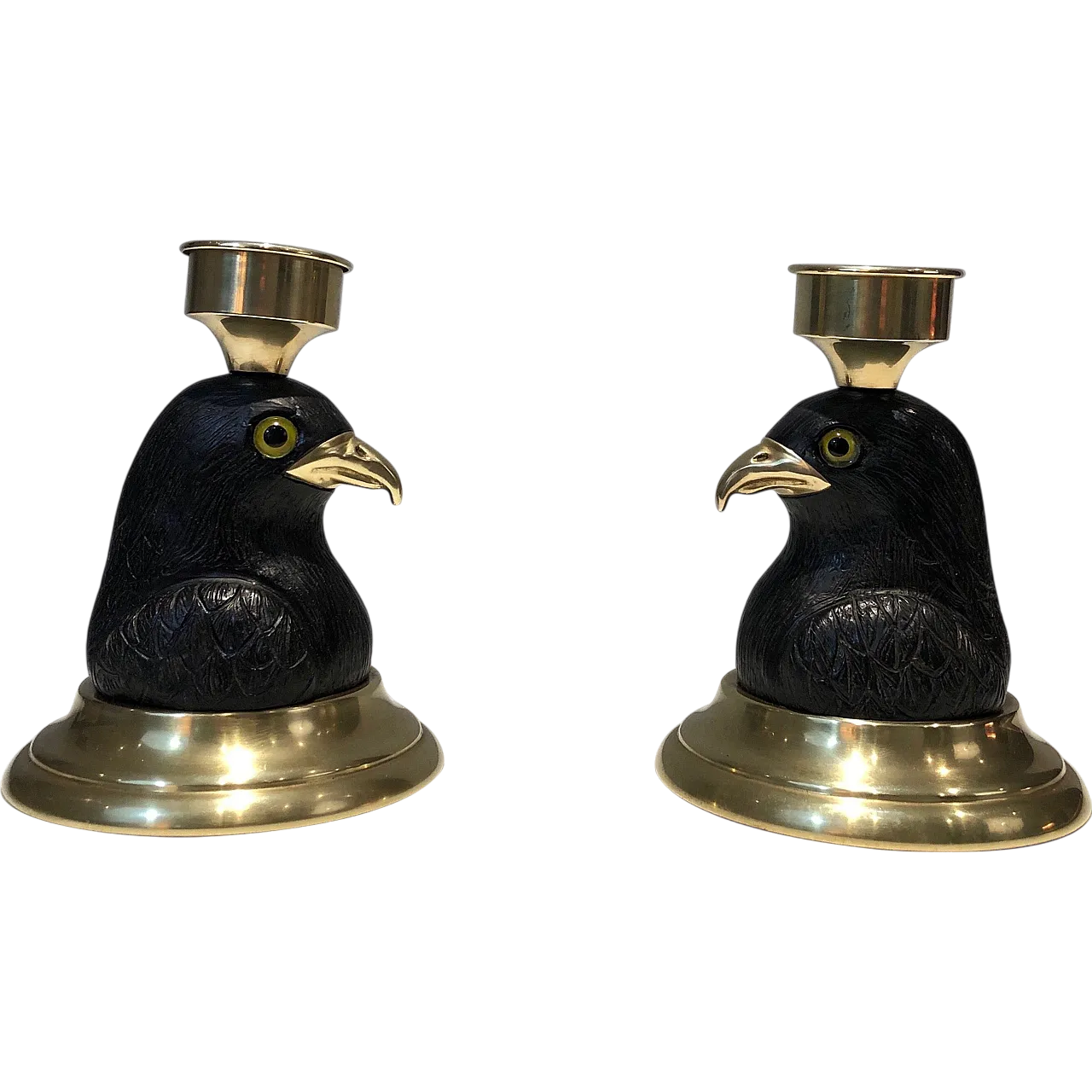 Pair of candlesticks in wood, brass and glass, 1970s 21