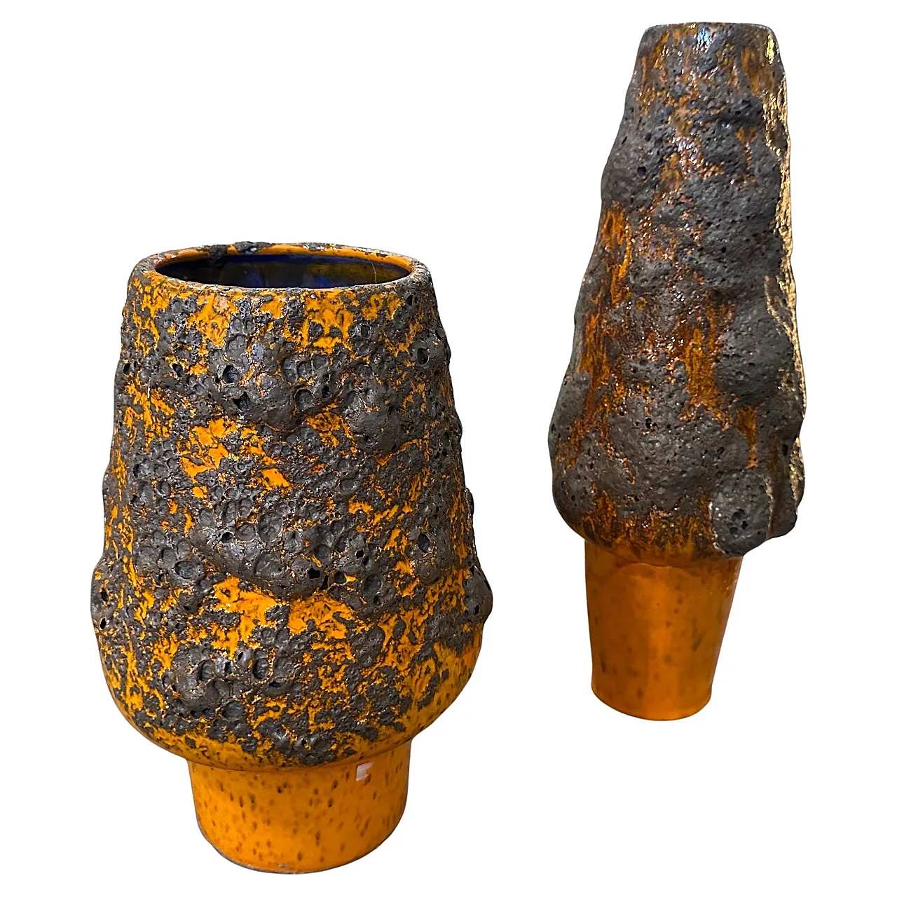 Pair of orange and black lava ceramic vases, 1980s 1