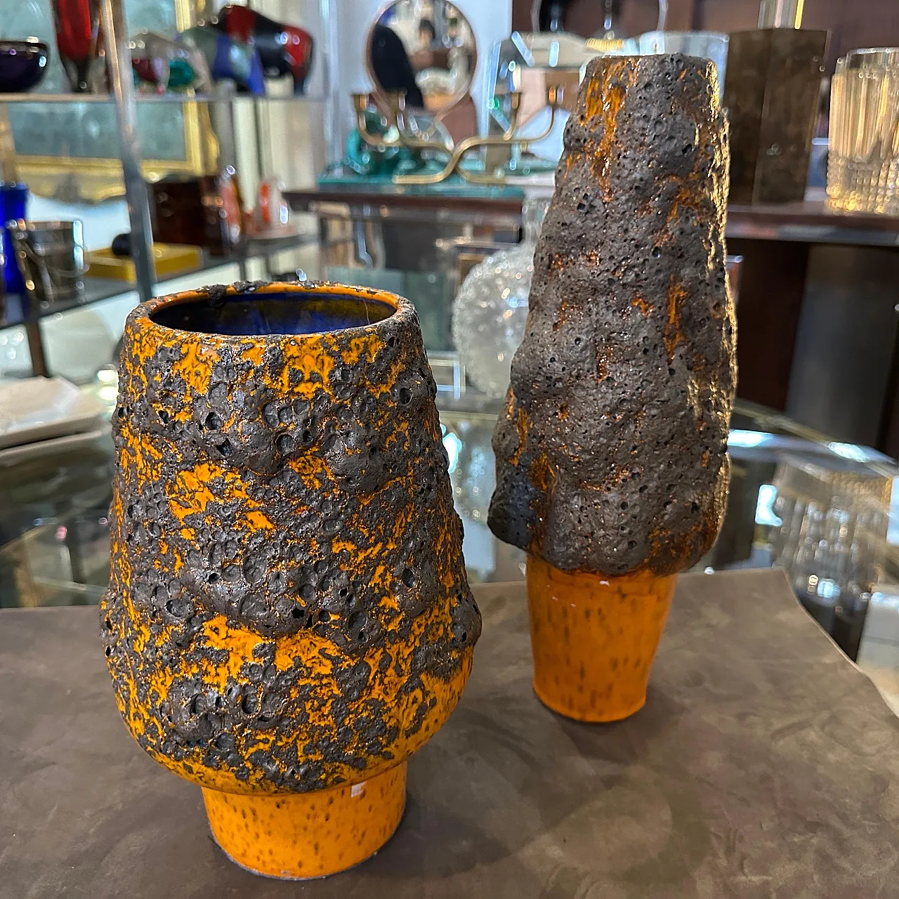 Pair of orange and black lava ceramic vases, 1980s 2