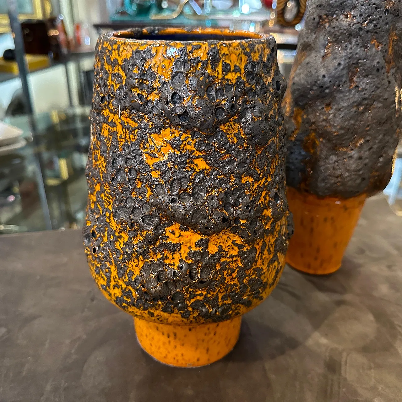 Pair of orange and black lava ceramic vases, 1980s 3