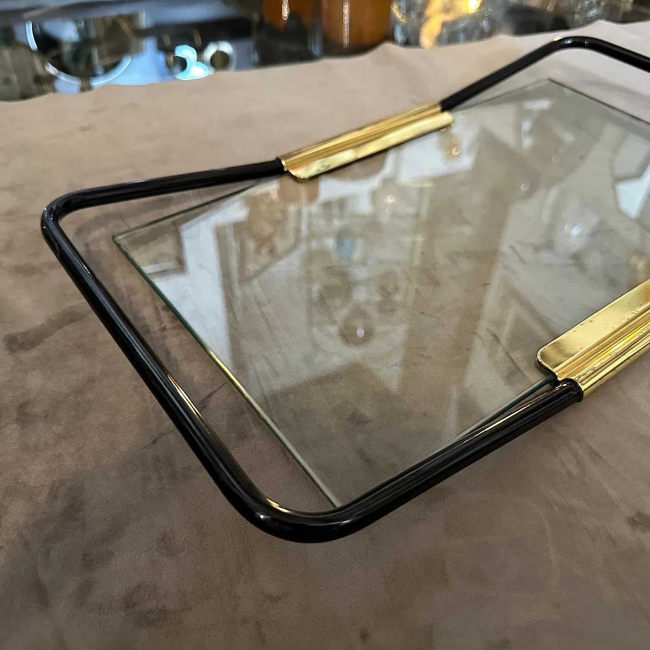 Brass and black painted metal tray by Mascagni, 1970s 6