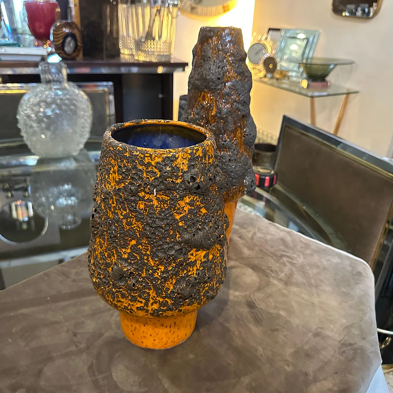 Pair of orange and black lava ceramic vases, 1980s 6