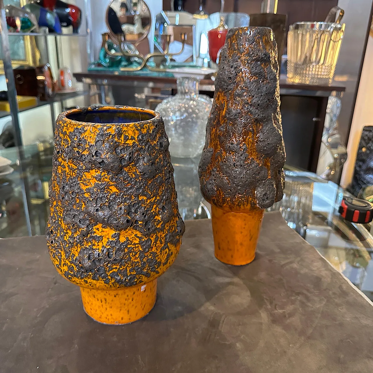 Pair of orange and black lava ceramic vases, 1980s 7