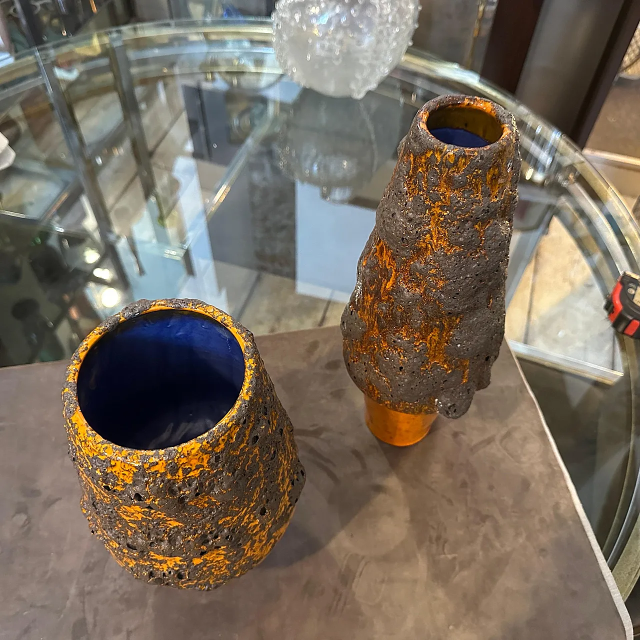 Pair of orange and black lava ceramic vases, 1980s 8