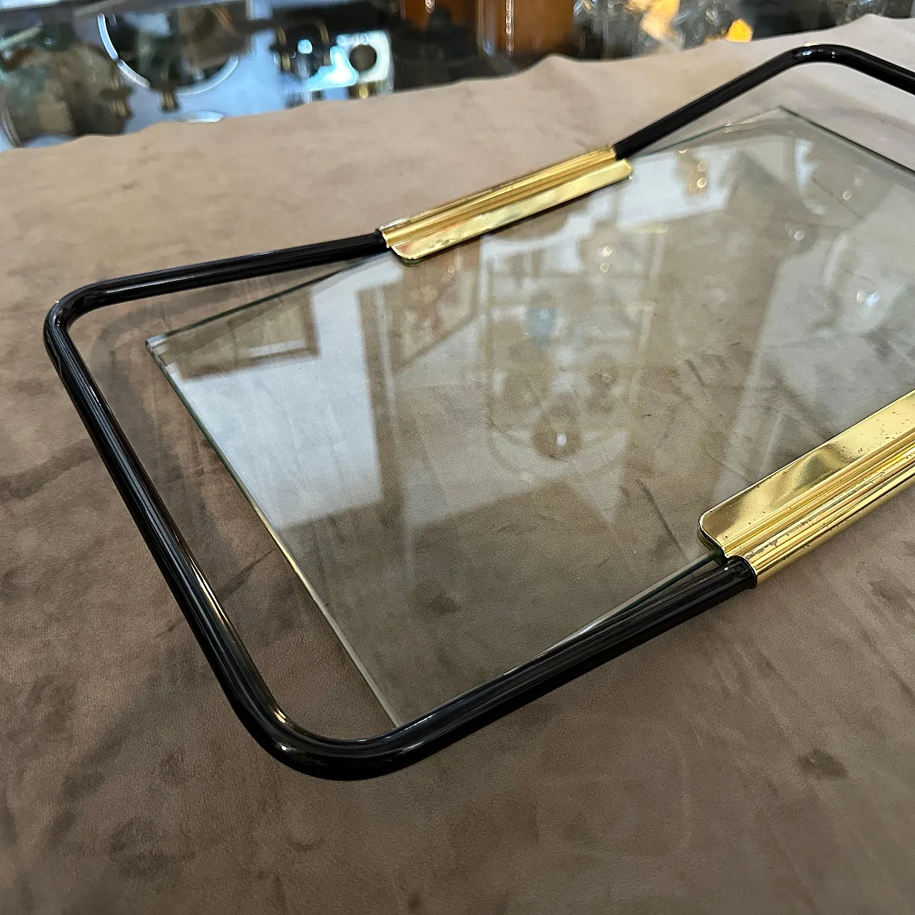 Brass and black painted metal tray by Mascagni, 1970s 10