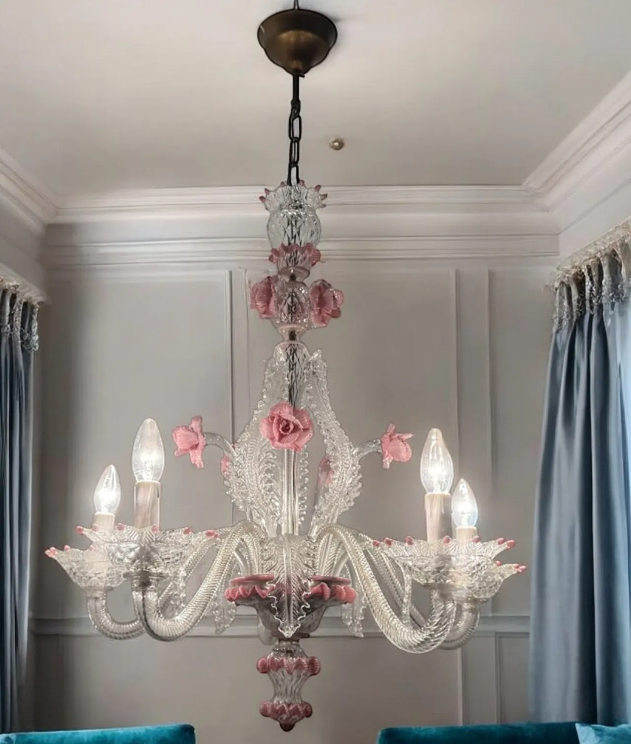 Venetian Murano Glass Clear Pink Chandelier, 1960s 2