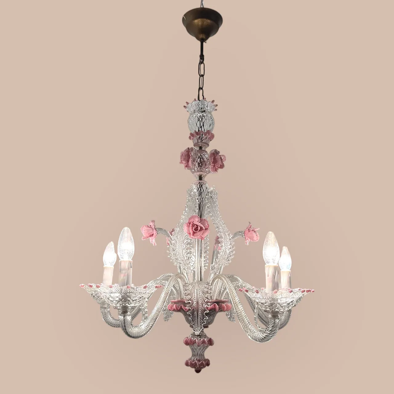 Venetian Murano Glass Clear Pink Chandelier, 1960s 3