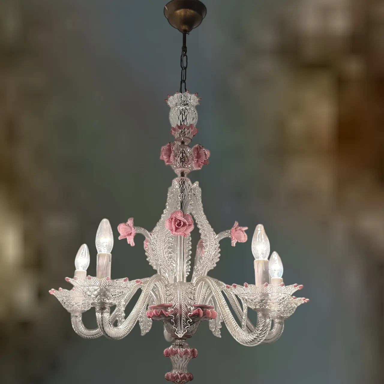 Venetian Murano Glass Clear Pink Chandelier, 1960s 4