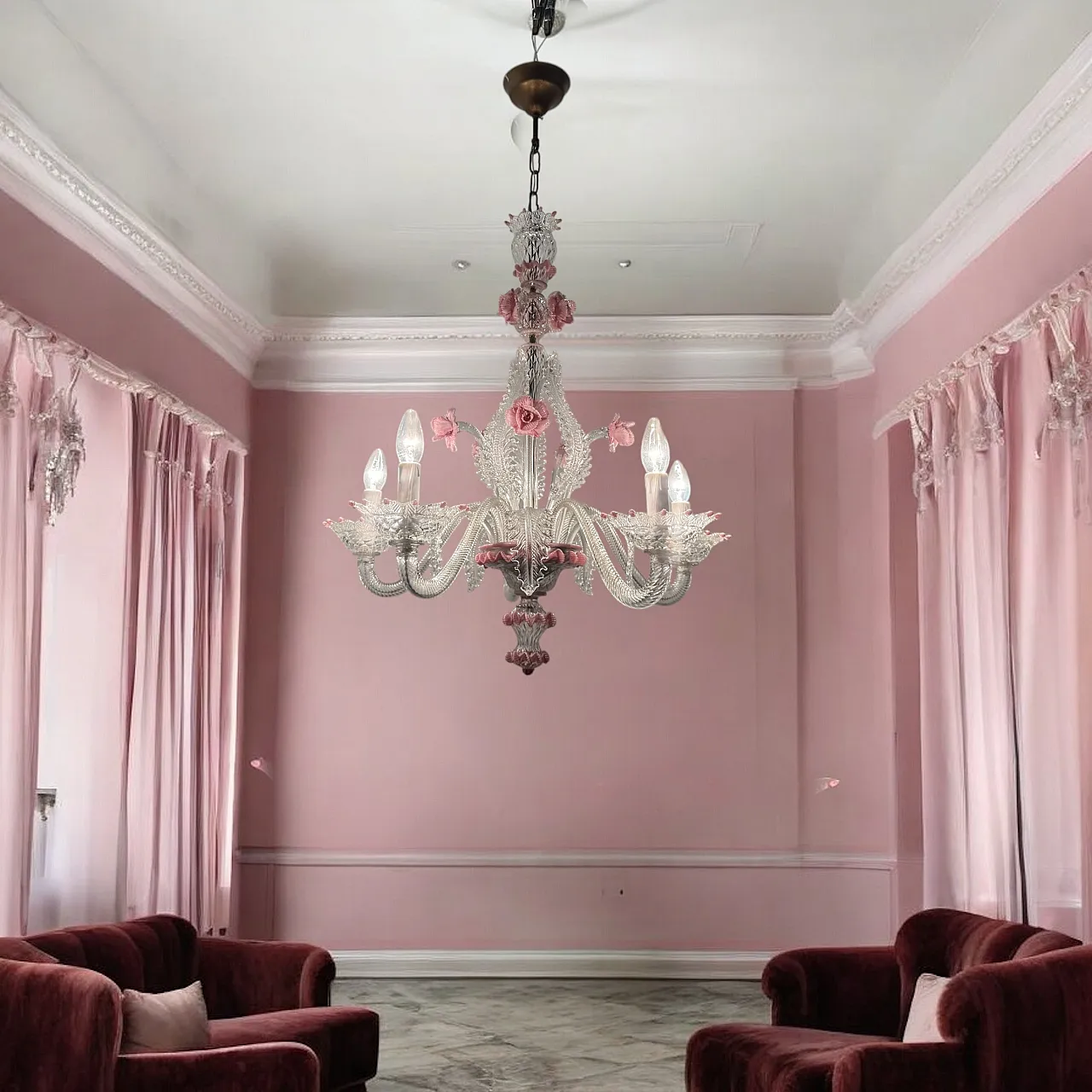 Venetian Murano Glass Clear Pink Chandelier, 1960s 6