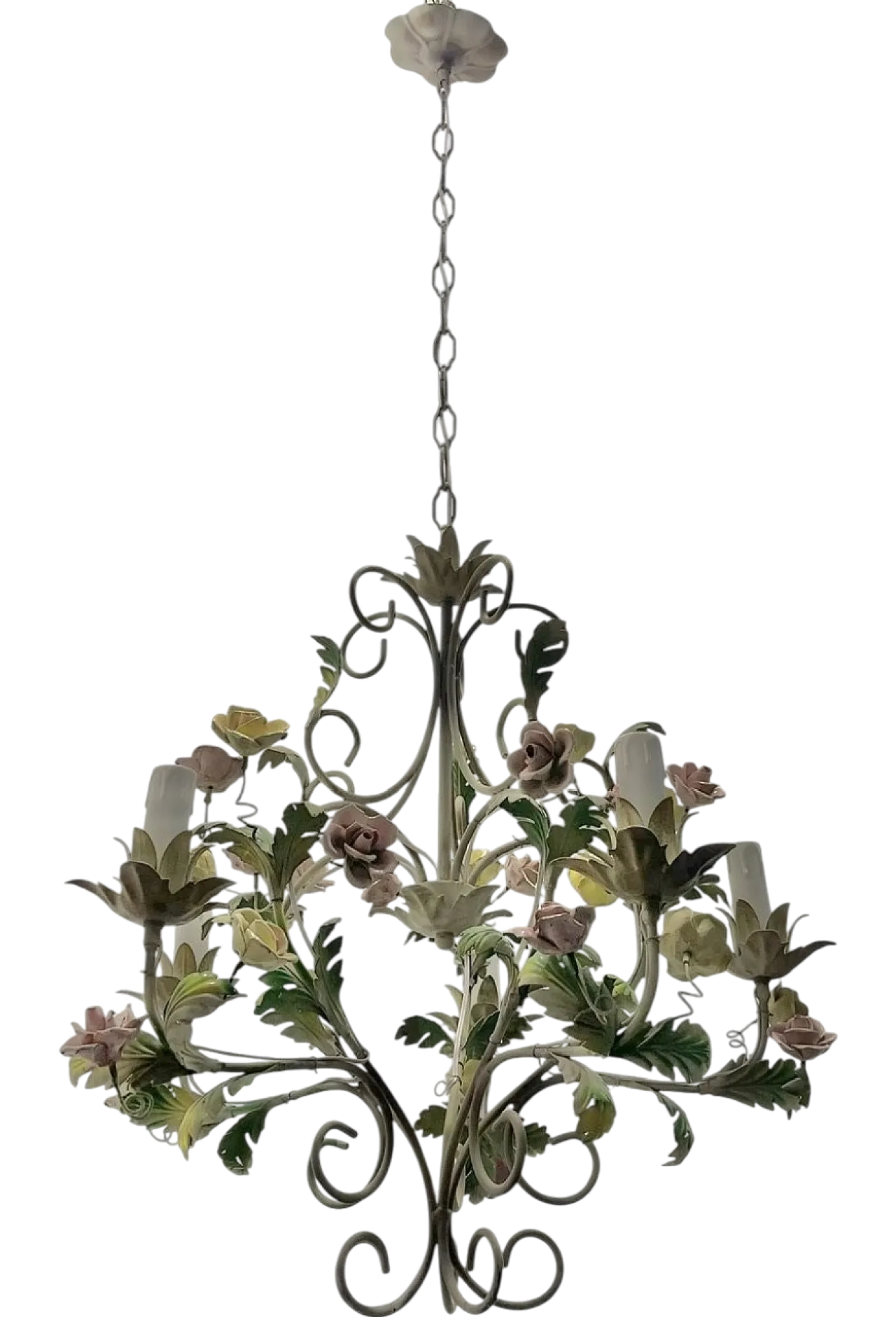 Italian tole ceramic rose flower chandelier, 70s 11