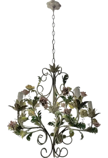 Italian tole ceramic rose flower chandelier, 70s