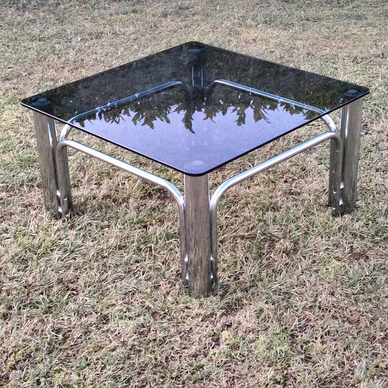 Living room table in smoked glass and steel, 70s 1