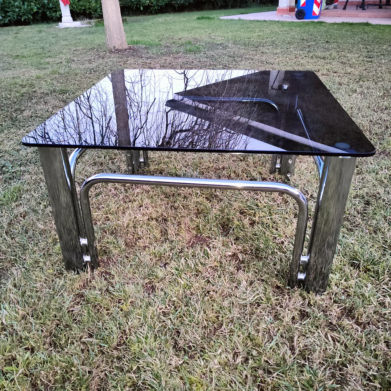 Living room table in smoked glass and steel, 70s 5