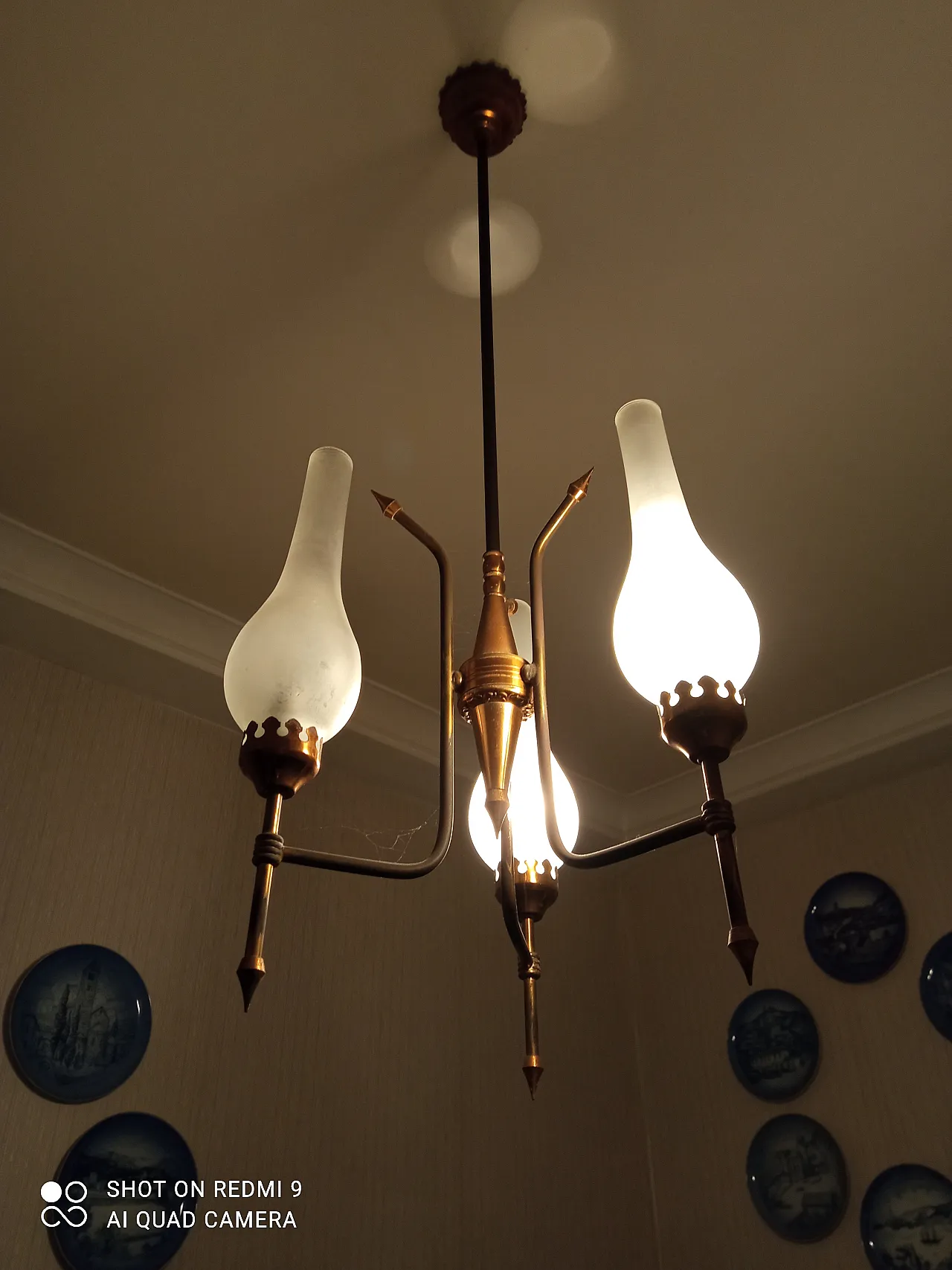 Lampadario in ottone con appliques,  anni '60 5