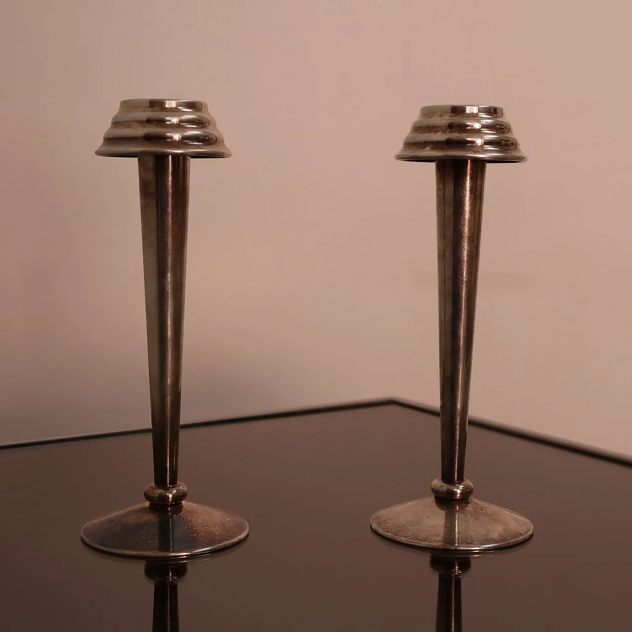 Pair of candle holder in Nickelato brass Art Deco, Italy, 30s 1