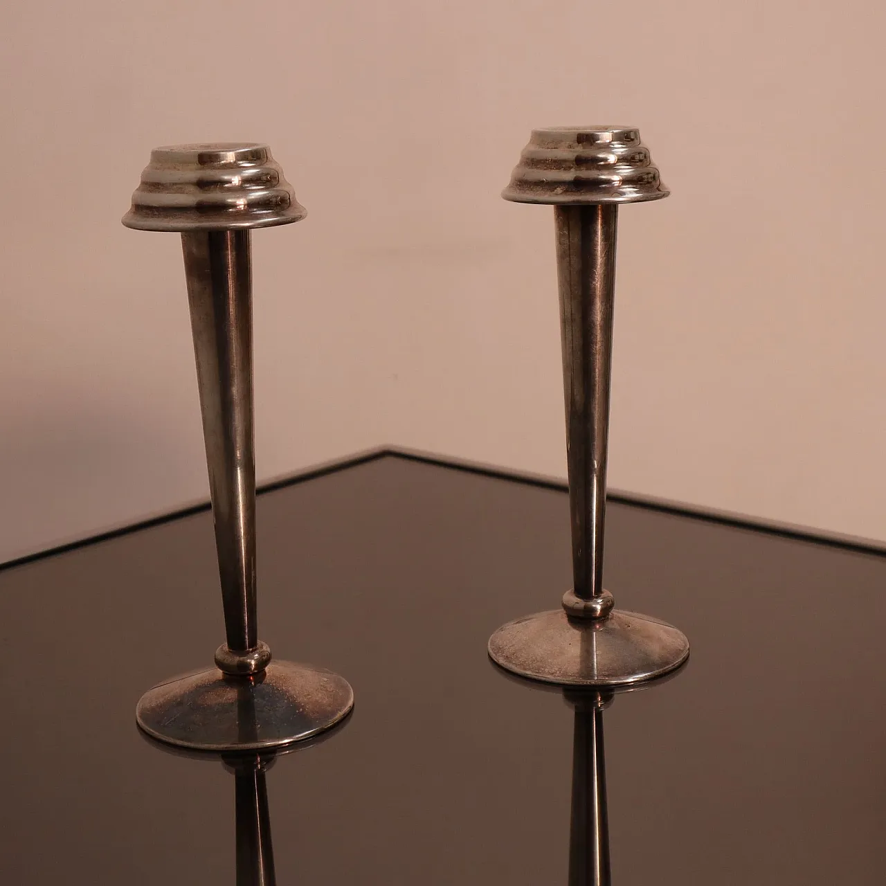 Pair of candle holder in Nickelato brass Art Deco, Italy, 30s 2