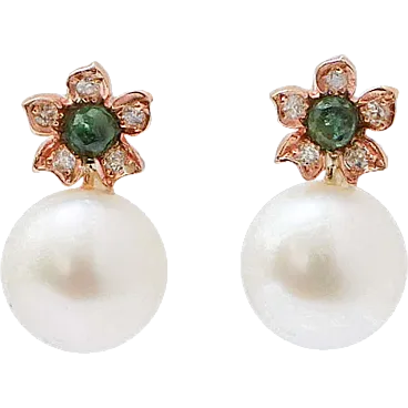 Rose gold flower earrings with pearls, emeralds, diamonds, 2000s