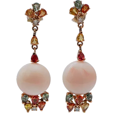 Gold earrings with coral, multicolored sapphires, diamonds, 1950s