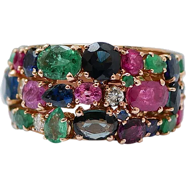 Gold ring with rubies, emeralds, sapphires, diamonds, 1970s