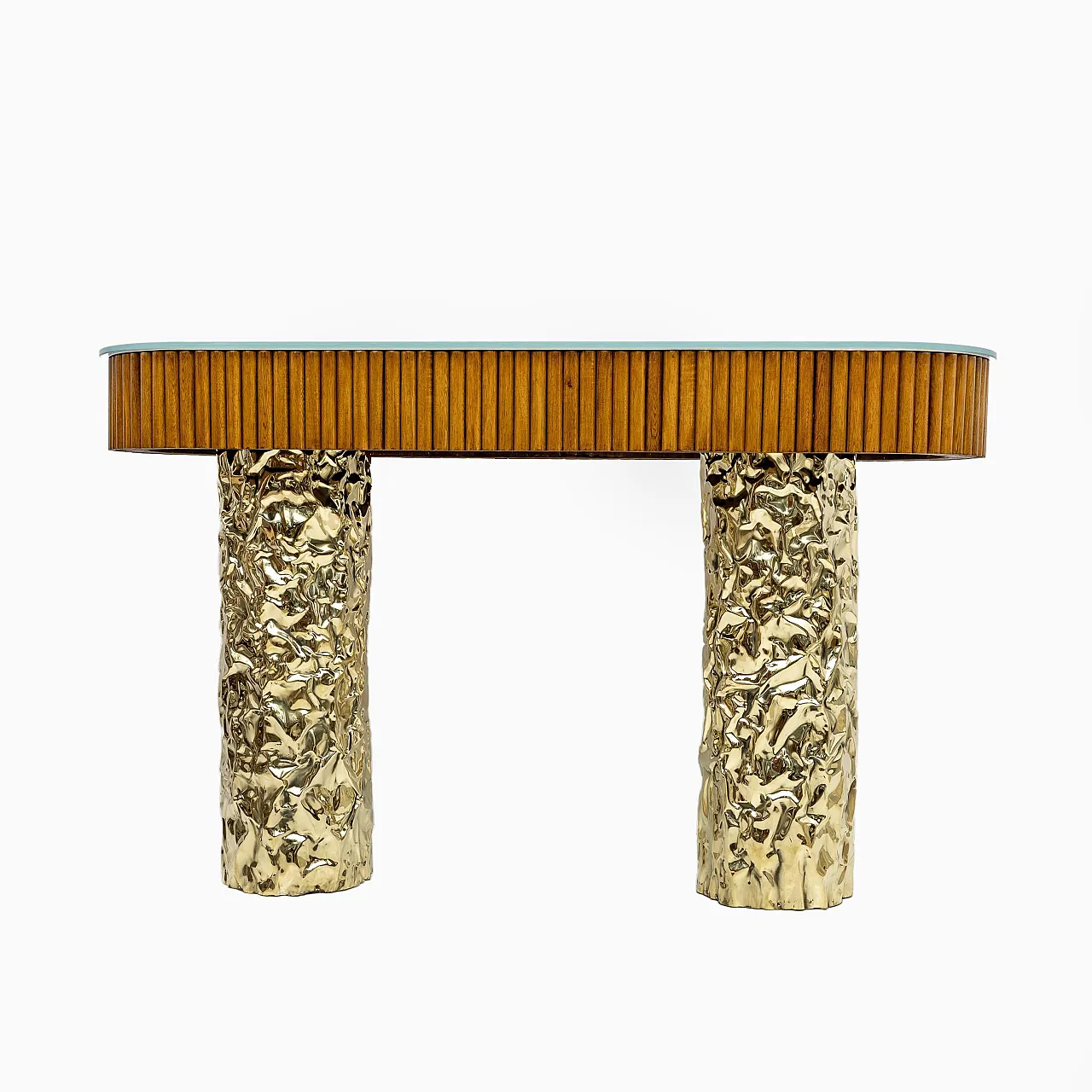 Wood and brass console table, 1990s 4