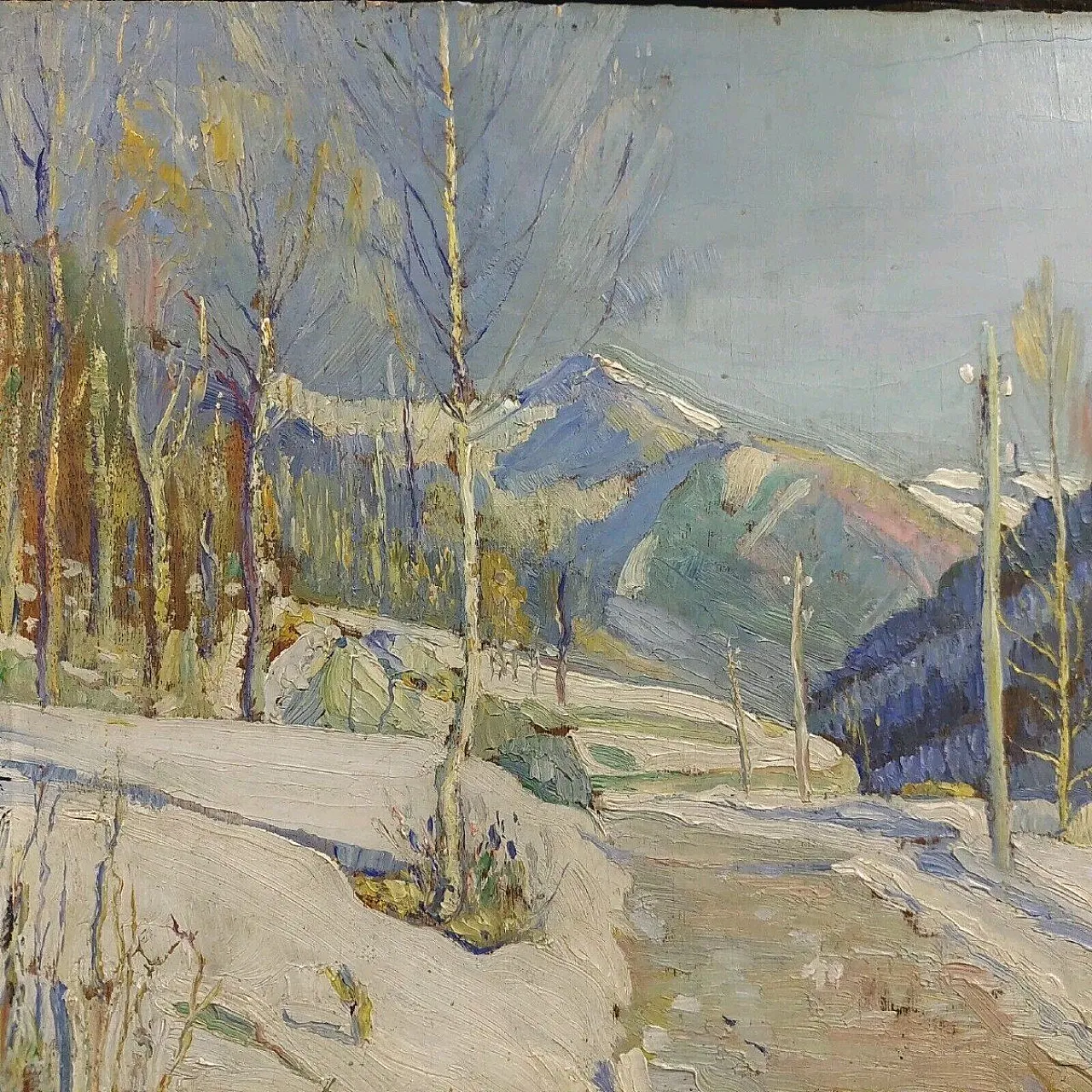 Strada innevata di Giuseppe Sobrile, olio su tavola, anni '30 2