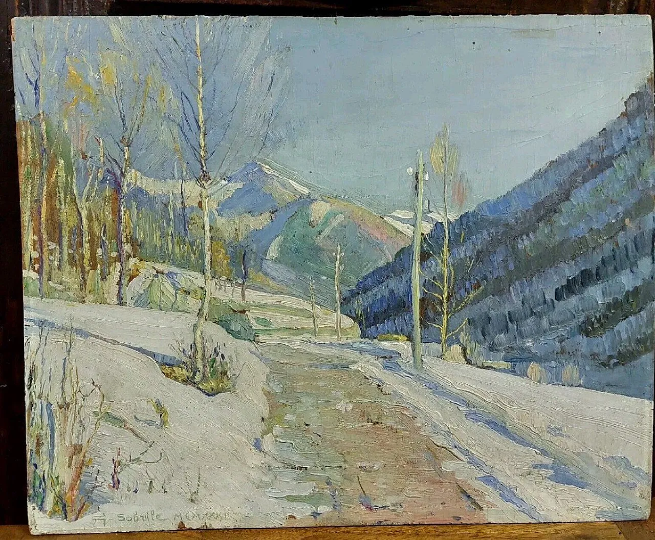 Strada innevata di Giuseppe Sobrile, olio su tavola, anni '30 3