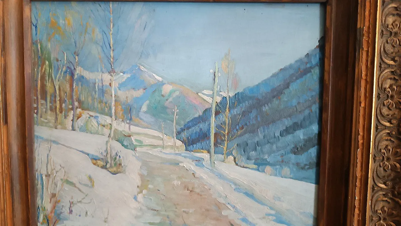 Strada innevata di Giuseppe Sobrile, olio su tavola, anni '30 5