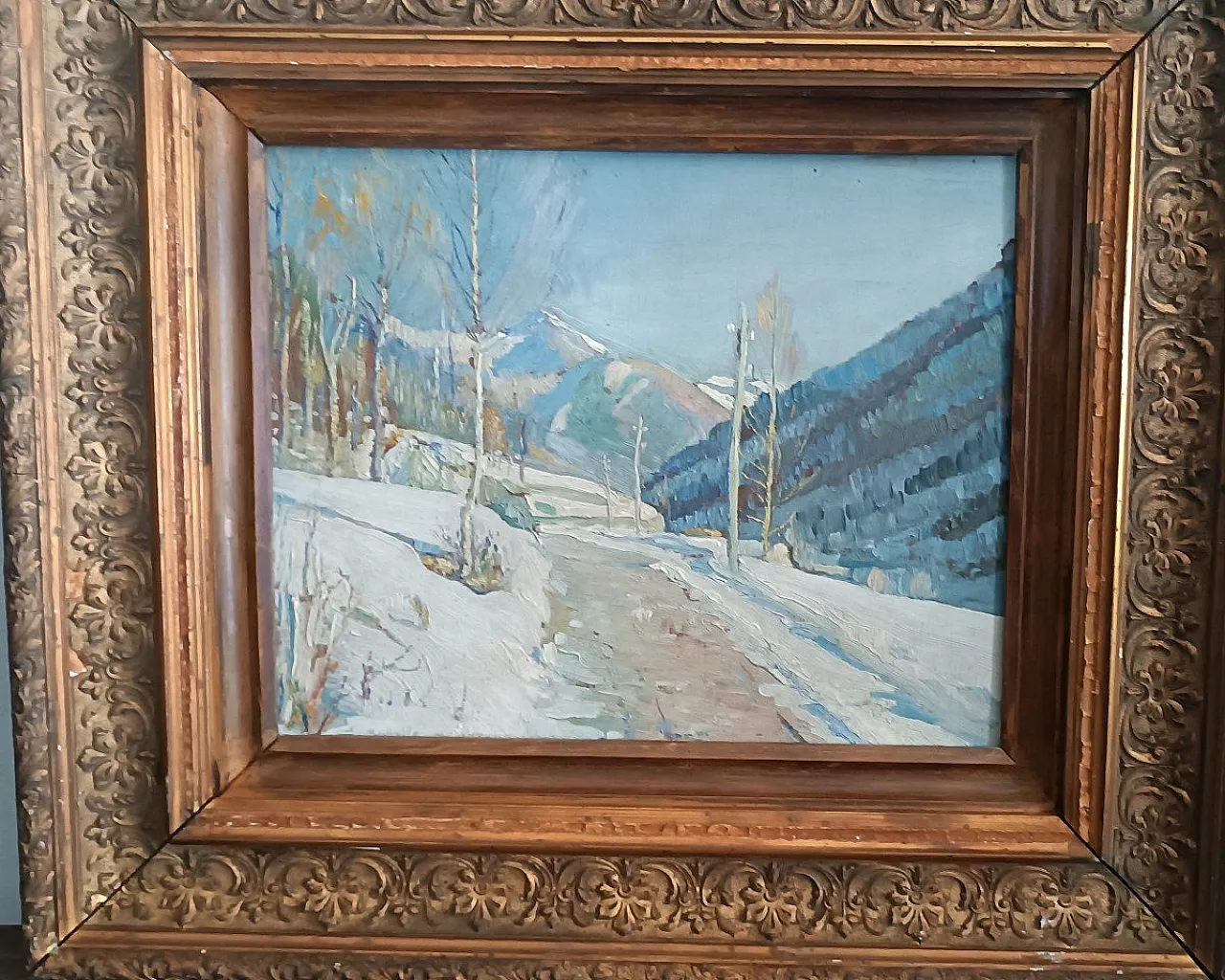 Strada innevata di Giuseppe Sobrile, olio su tavola, anni '30 6