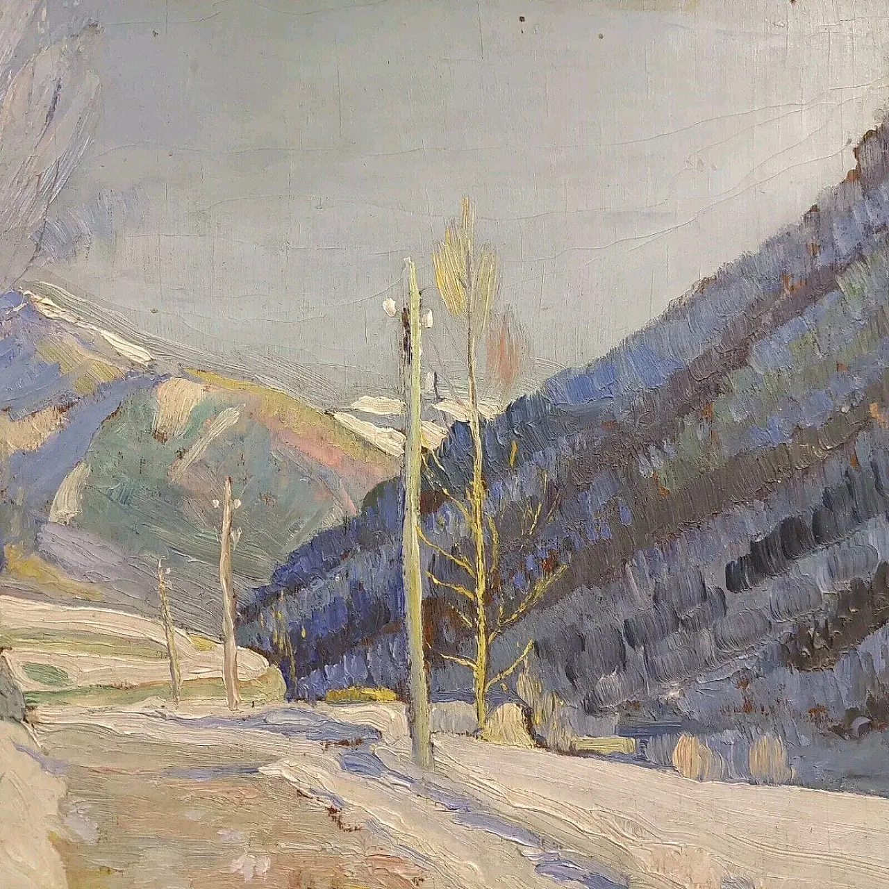 Strada innevata di Giuseppe Sobrile, olio su tavola, anni '30 7