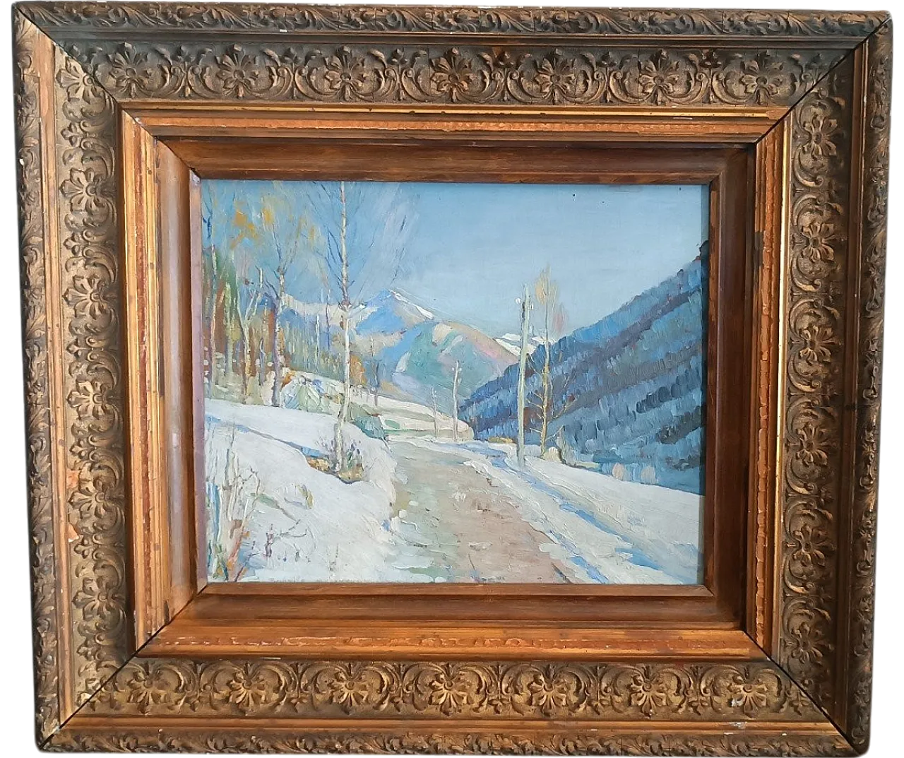 Strada innevata di Giuseppe Sobrile, olio su tavola, anni '30 12